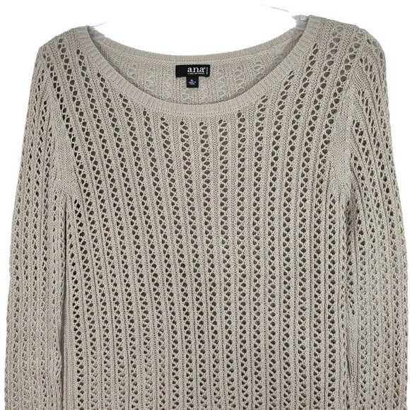 ANA Open Knit Sweater Cotton/Acrylic Women Petite Size PL Tan/Brown Long Sleeve - Picture 2 of 6